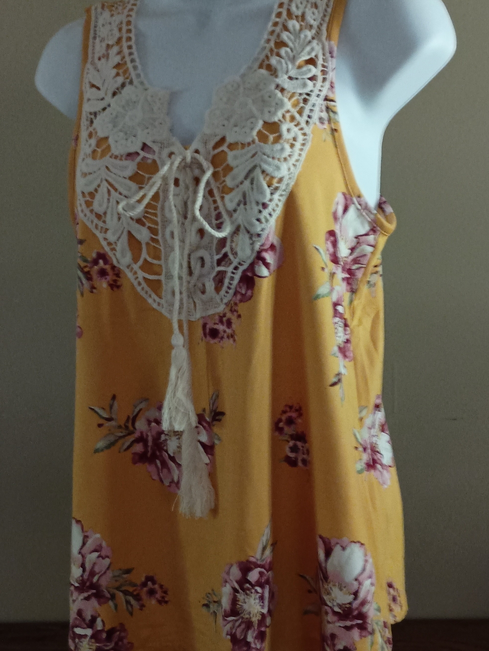Wishful Park Mustard Floral Tank with Lace Trim